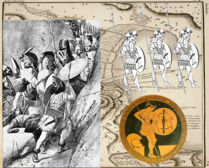 Collection of Spartan stuff. Bottom left is the 3 day battle, right is a vase image of a Hoplite soldier, top right are 3 hoplites, and the background is a map of Thermopylae